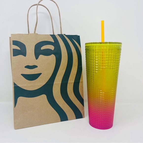 NWT STARBUCKS Lemon Pink Ombre Grid Venti Tumbler - Picture 1 of 5